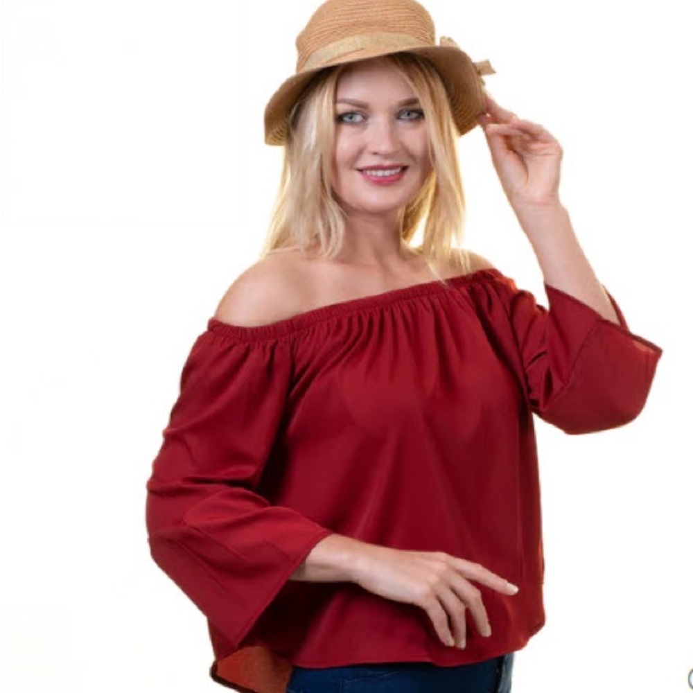 European Made Red Casual Top 3/4 Sleeve Off Shoulder Blouse for Women